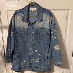 Veveret Blue Embroidered Denim Jacket with Sun & Moon Accents